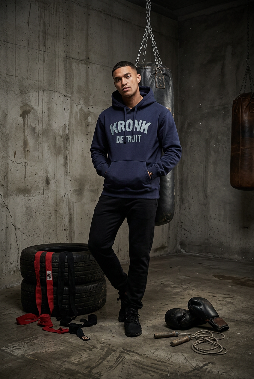 KRONK Detroit Chain Stitch Loose Fit Hoodie Navy/Sky