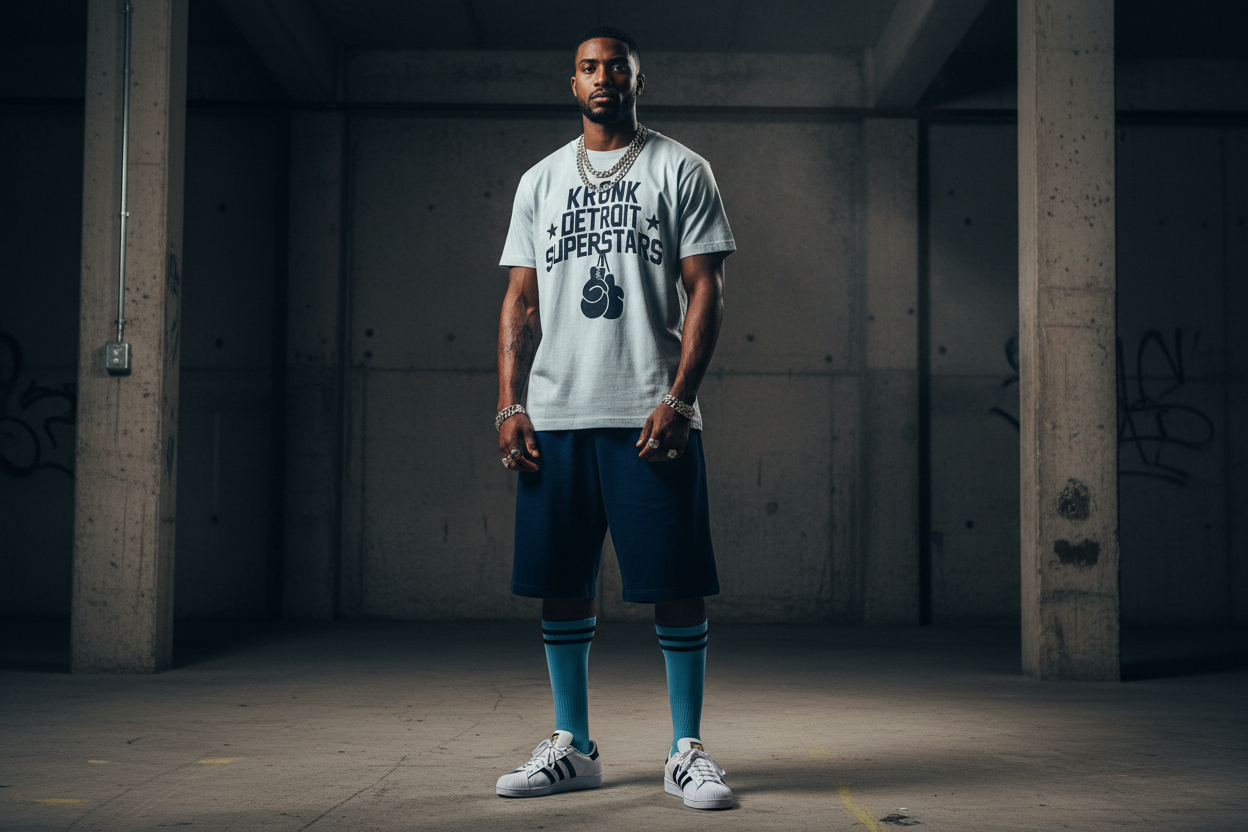 KRONK Detroit Superstars Loose Fit Vintage Wash T Shirt Pale Blue