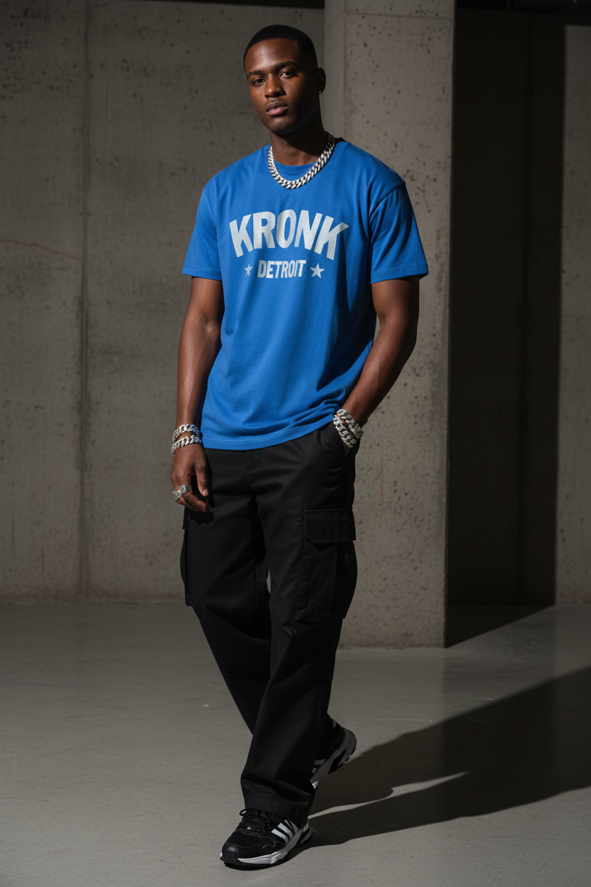 KRONK Detroit Stars Loose Fit Vintage Wash T Shirt Royal Blue