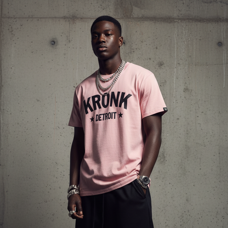 KRONK Detroit Stars Loose Fit Vintage Wash T Shirt Pink