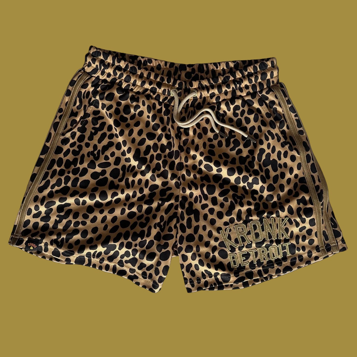 KRONK Iconic Detroit Applique Lined Gym Shorts Leopard Print Gold