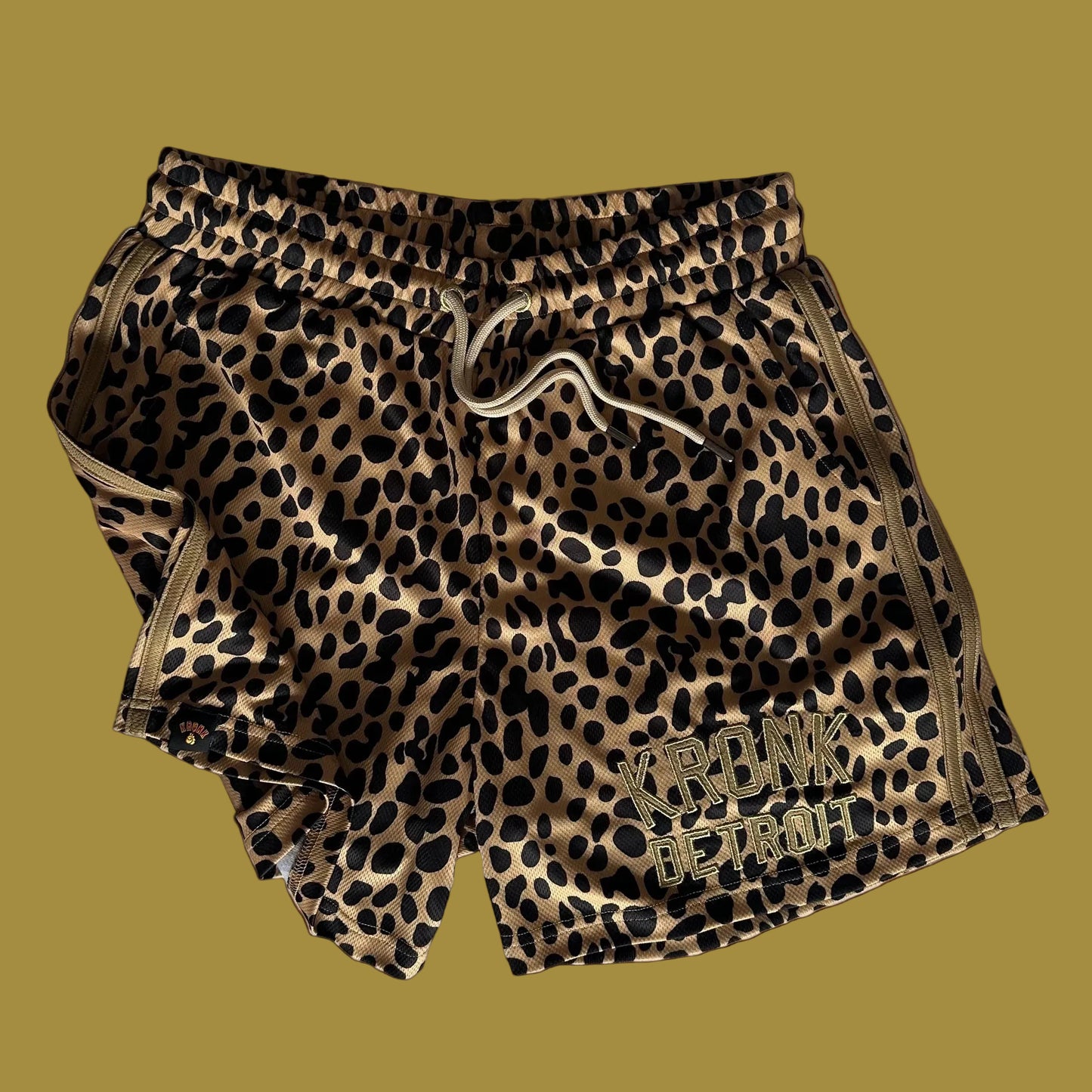 KRONK Iconic Detroit Applique Lined Gym Shorts Leopard Print Gold
