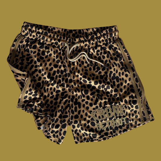 KRONK Iconic Detroit Applique Lined Gym Shorts Leopard Print Gold