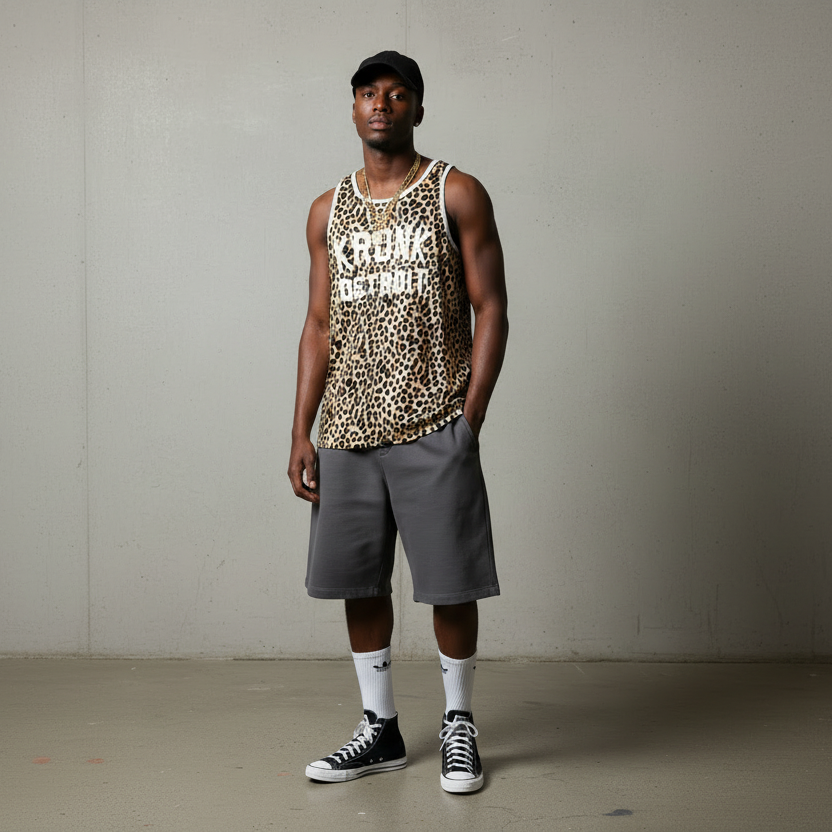 KRONK Iconic Detroit Applique Training Gym Vest Leopard Print White