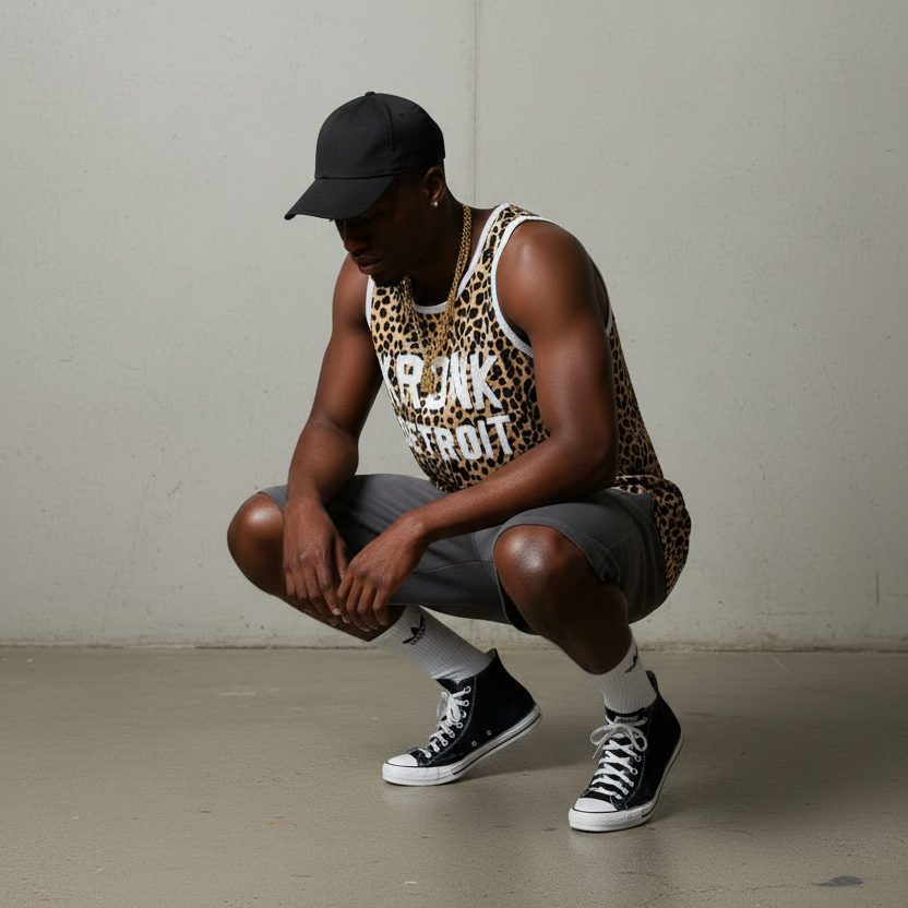 KRONK Iconic Detroit Applique Training Gym Vest Leopard Print White