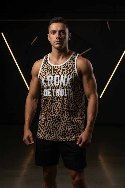 KRONK Iconic Detroit Applique Training Gym Vest Leopard Print White