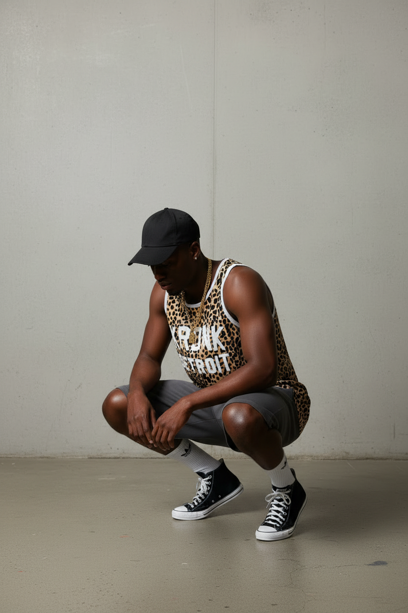 KRONK Iconic Detroit Applique Training Gym Vest Leopard Print White