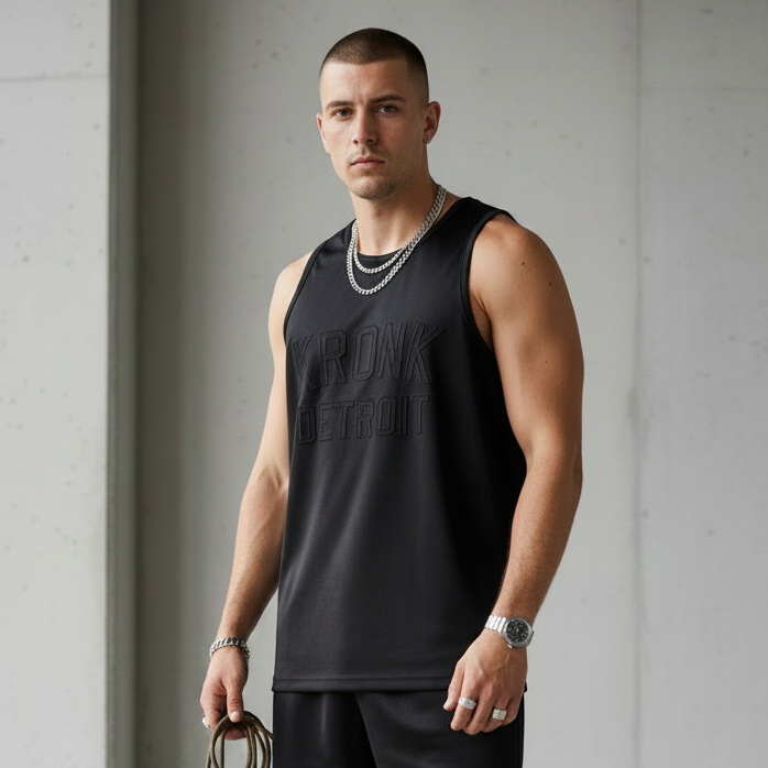 KRONK Iconic Detroit Applique Training Gym Vest Black Stealth