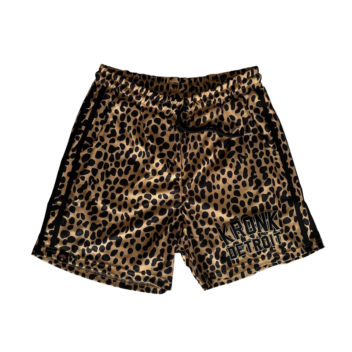 KRONK Iconic Detroit Applique Lined Gym Shorts Leopard Print Black