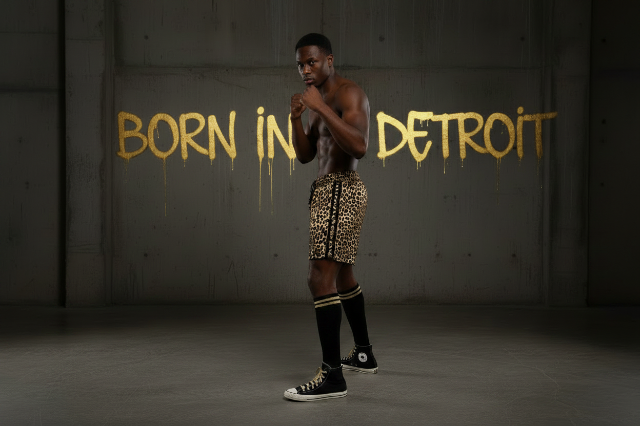 KRONK Iconic Detroit Applique Lined Gym Shorts Leopard Print Black