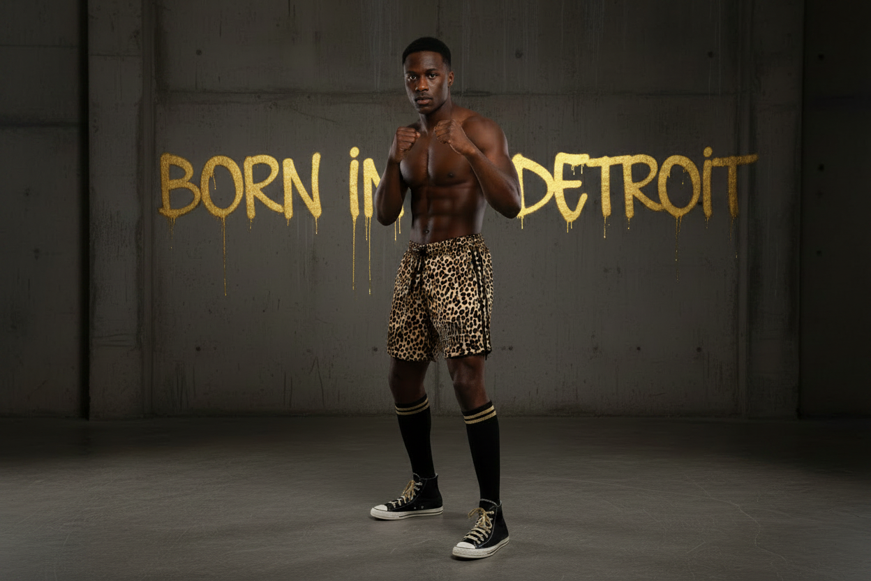 KRONK Iconic Detroit Applique Lined Gym Shorts Leopard Print Black