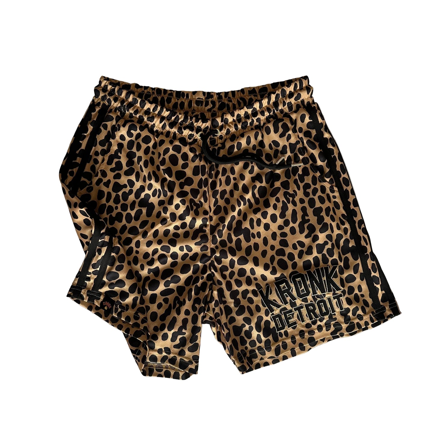 KRONK Iconic Detroit Applique Lined Gym Shorts Leopard Print Black
