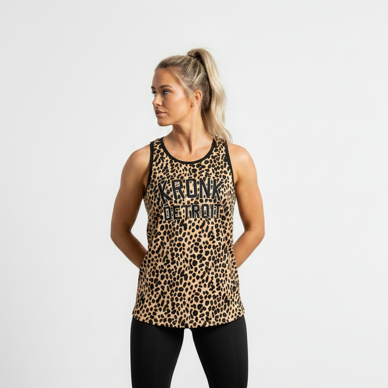 KRONKWOMEN Iconic Detroit Applique Training Gym Vest Leopard Print Black