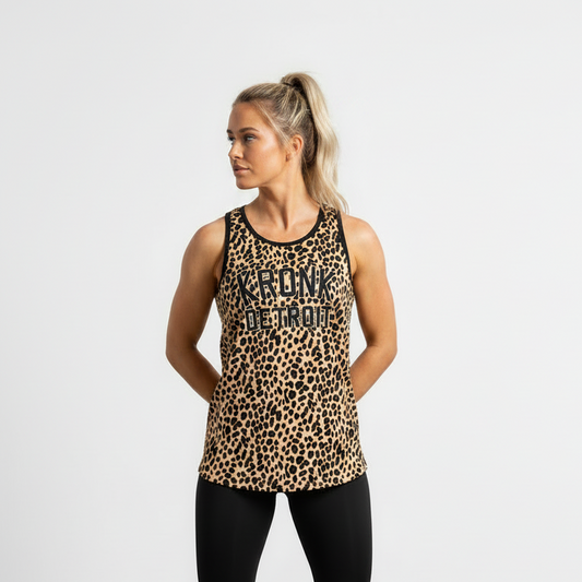 KRONKWOMEN Iconic Detroit Applique Training Gym Vest Leopard Print Black