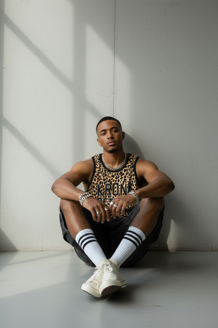 KRONK Iconic Detroit Applique Training Gym Vest Leopard Print Black