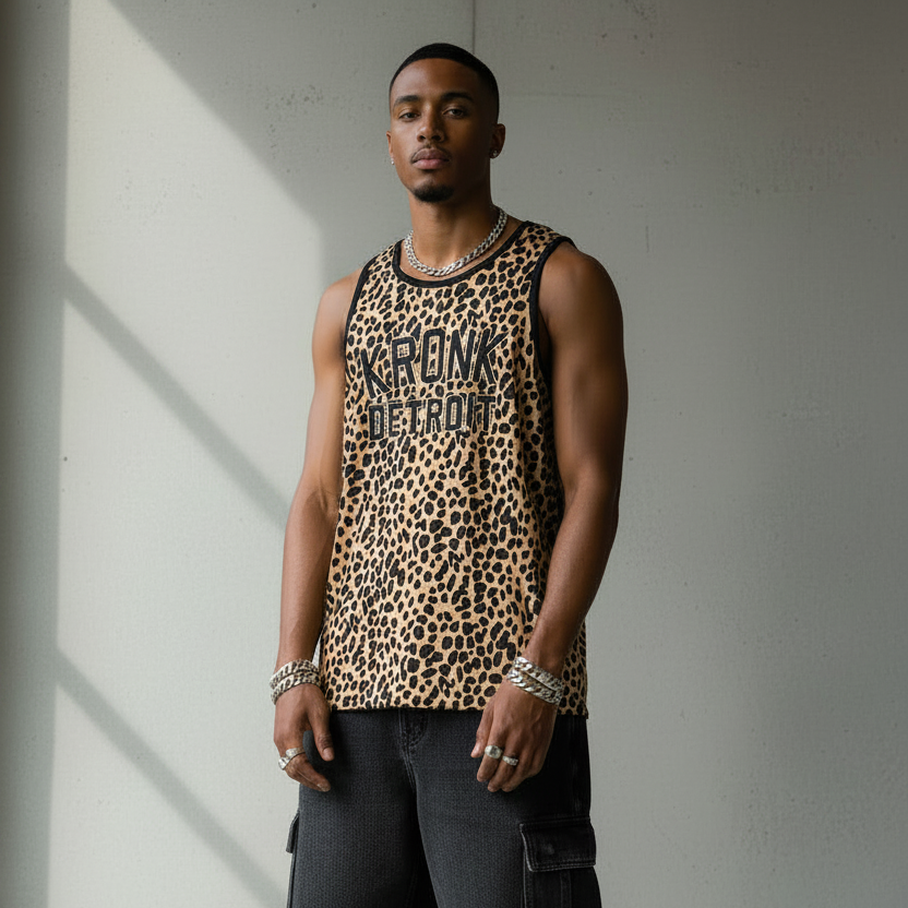 KRONK Iconic Detroit Applique Training Gym Vest Leopard Print Black