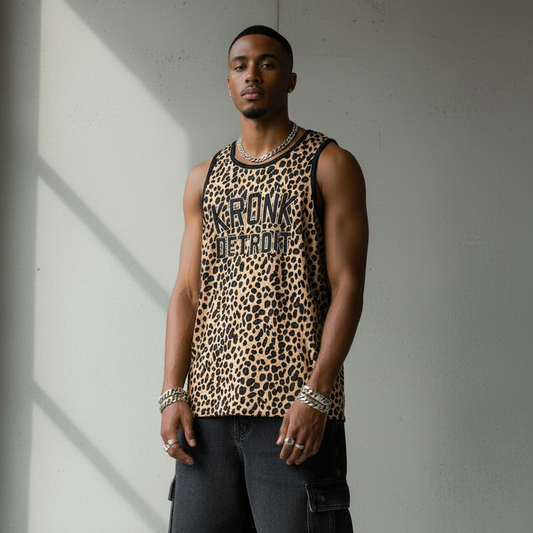 KRONK Iconic Detroit Applique Training Gym Vest Leopard Print Black