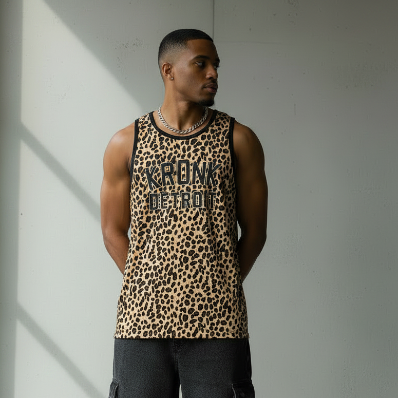KRONK Iconic Detroit Applique Training Gym Vest Leopard Print Black
