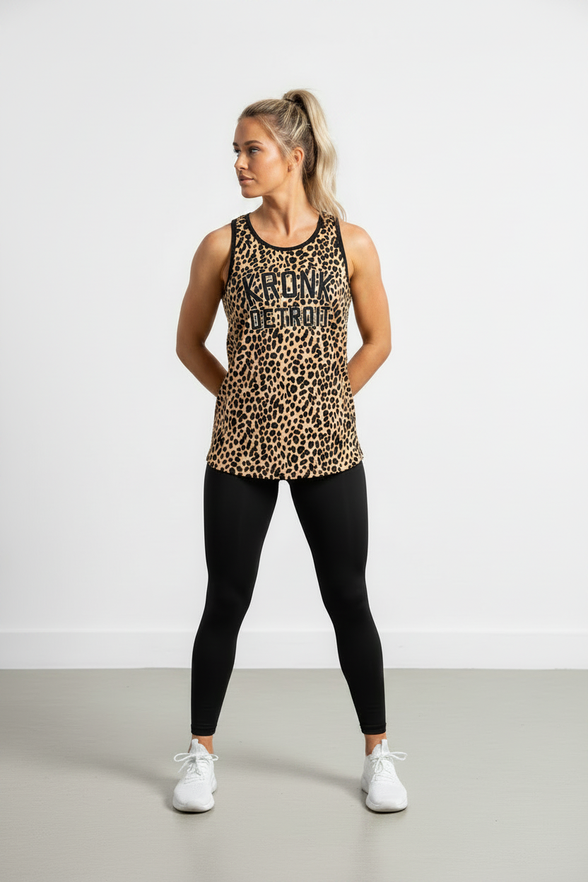 KRONKWOMEN Iconic Detroit Applique Training Gym Vest Leopard Print Black