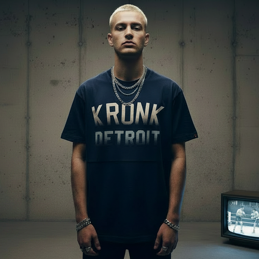 KRONK Faded Iconic Detroit Loose Fit Vintage Wash T Shirt Navy