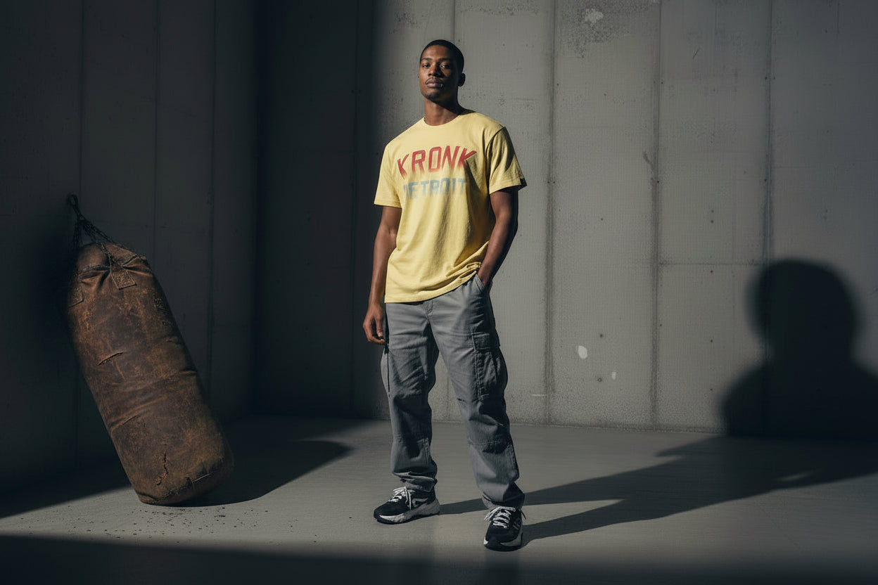KRONK Faded Iconic Detroit Loose Fit Vintage Wash T Shirt Yellow