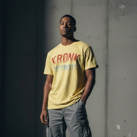KRONK Faded Iconic Detroit Loose Fit Vintage Wash T Shirt Yellow