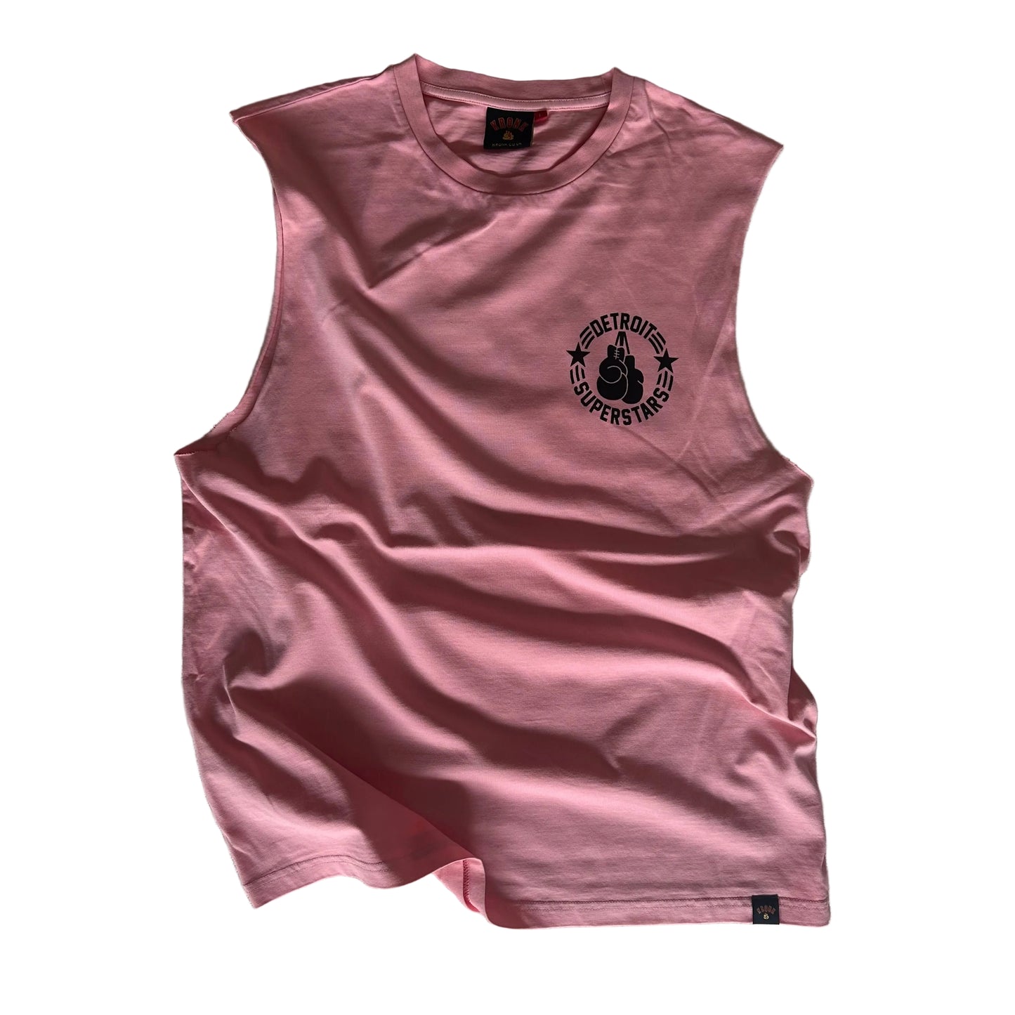 KRONKWOMEN Detroit Superstars Raw Edge Sleeveless Loose Fit Vintage Wash T Shirt Pink