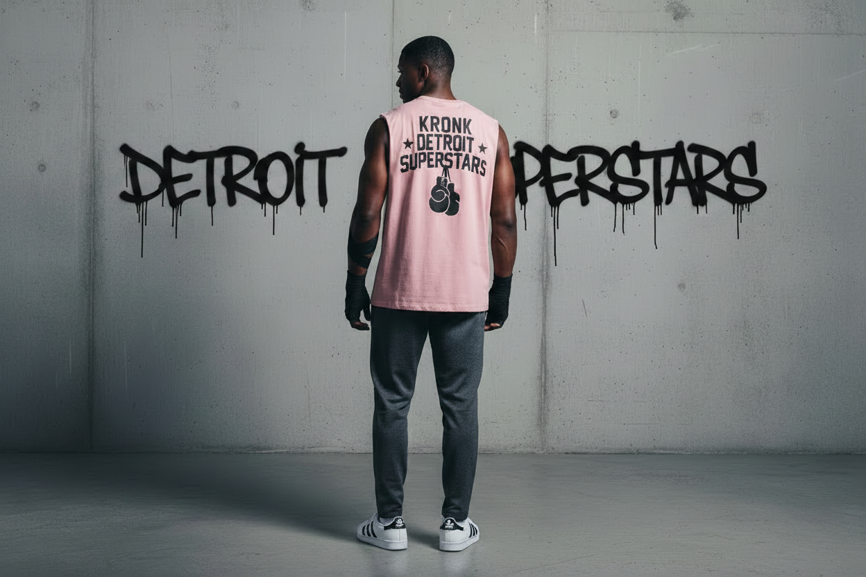 KRONK Detroit Superstars Raw Edge Sleeveless Loose Fit Vintage Wash T Shirt Pink