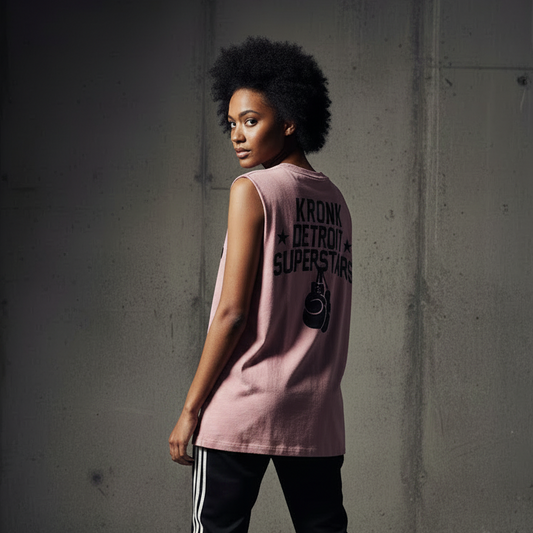 KRONKWOMEN Detroit Superstars Raw Edge Sleeveless Loose Fit Vintage Wash T Shirt Pink