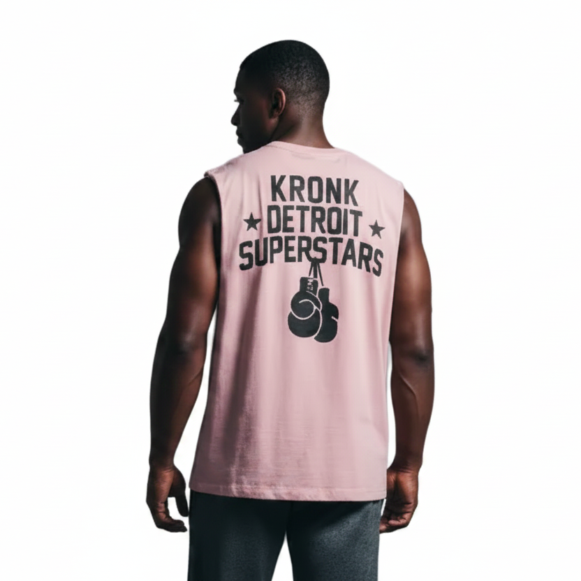 KRONK Detroit Superstars Raw Edge Sleeveless Loose Fit Vintage Wash T Shirt Pink