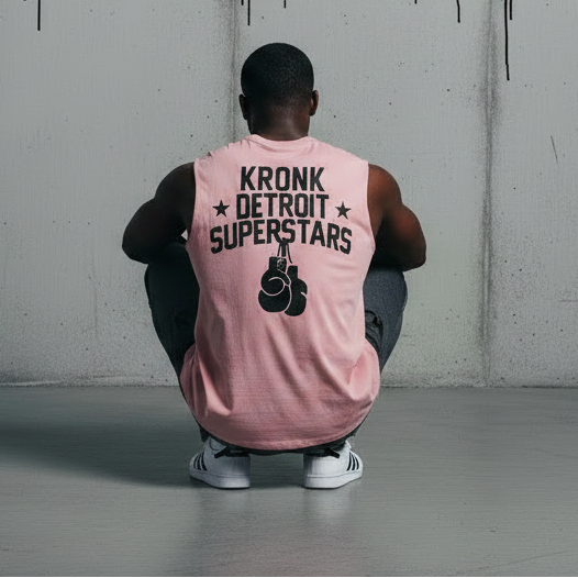 KRONK Detroit Superstars Raw Edge Sleeveless Loose Fit Vintage Wash T Shirt Pink