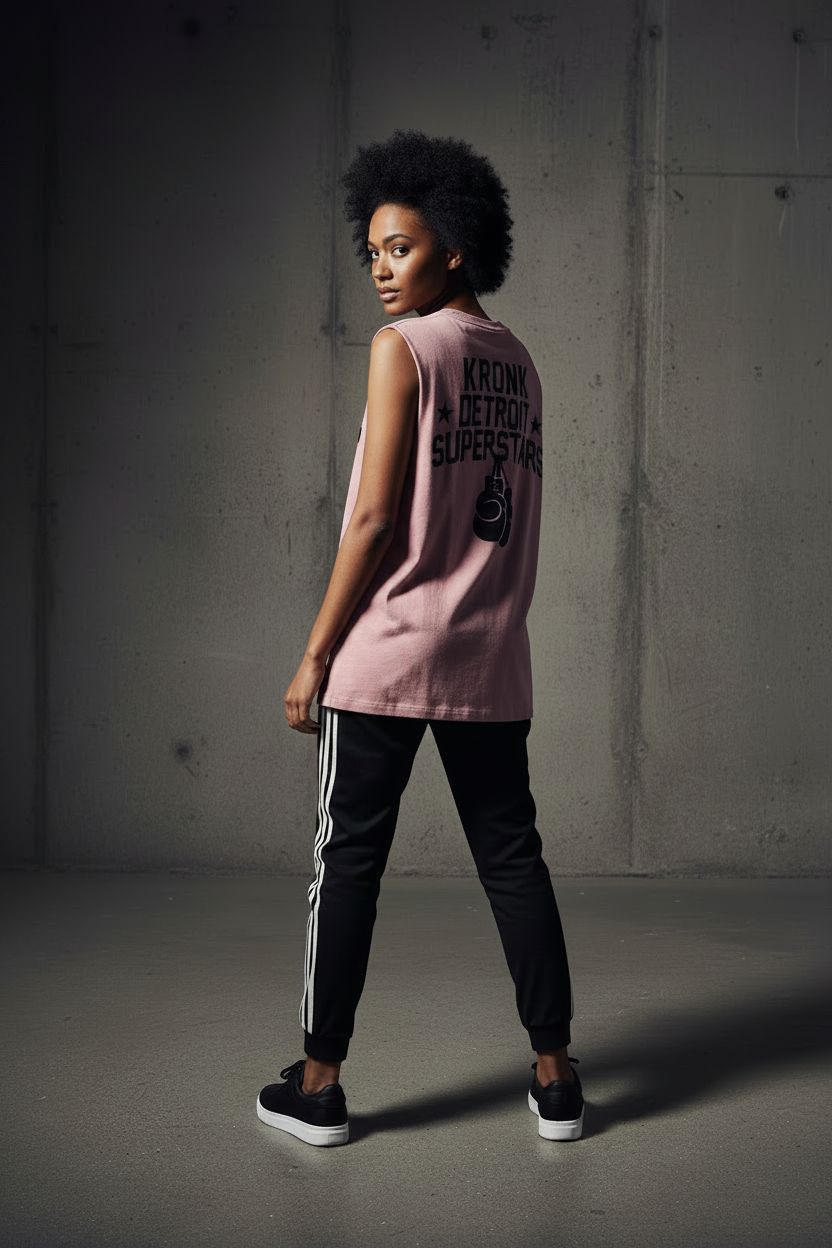 KRONKWOMEN Detroit Superstars Raw Edge Sleeveless Loose Fit Vintage Wash T Shirt Pink