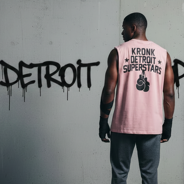 KRONK Detroit Superstars Raw Edge Sleeveless Loose Fit Vintage Wash T Shirt Pink