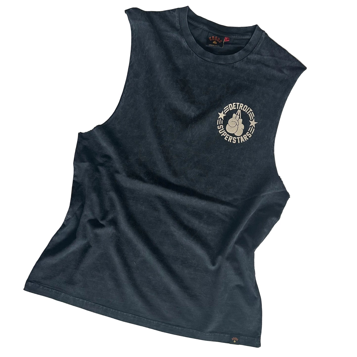 KRONK Detroit Superstars Raw Edge Sleeveless Loose Fit Vintage Wash T Shirt Charcoal