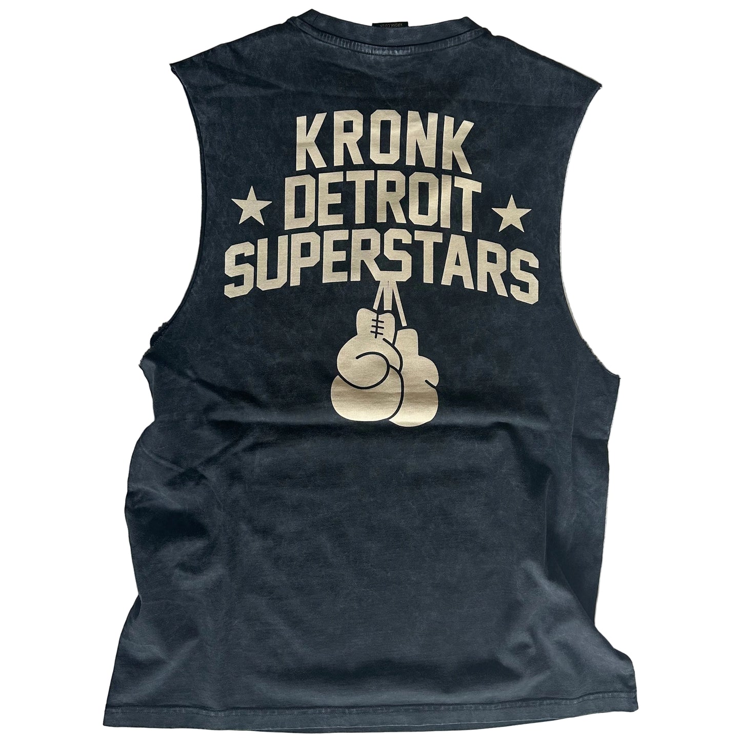 KRONK Detroit Superstars Raw Edge Sleeveless Loose Fit Vintage Wash T Shirt Charcoal