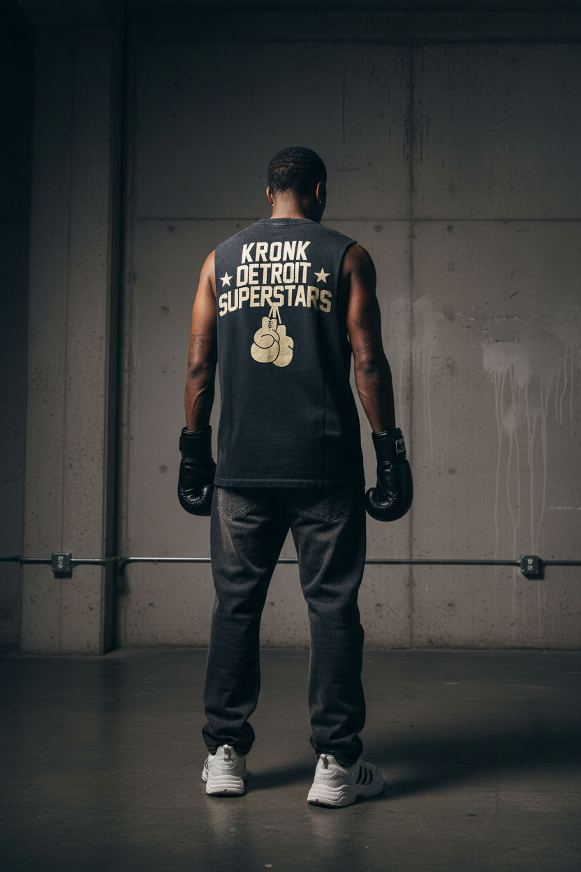 KRONK Detroit Superstars Raw Edge Sleeveless Loose Fit Vintage Wash T Shirt Charcoal