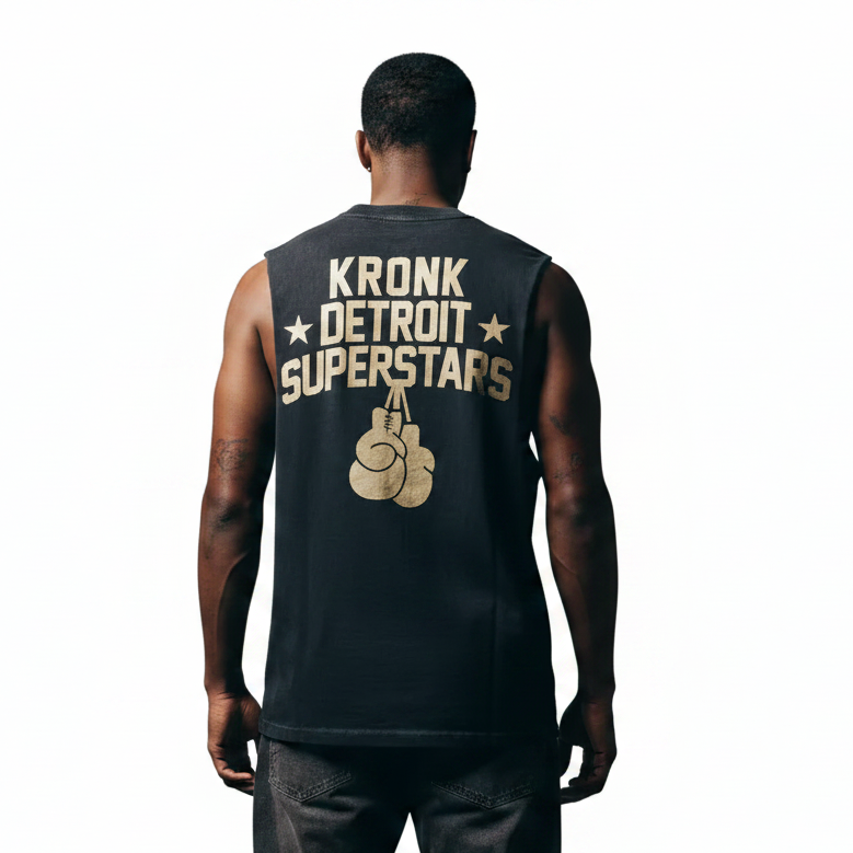KRONK Detroit Superstars Raw Edge Sleeveless Loose Fit Vintage Wash T Shirt Charcoal