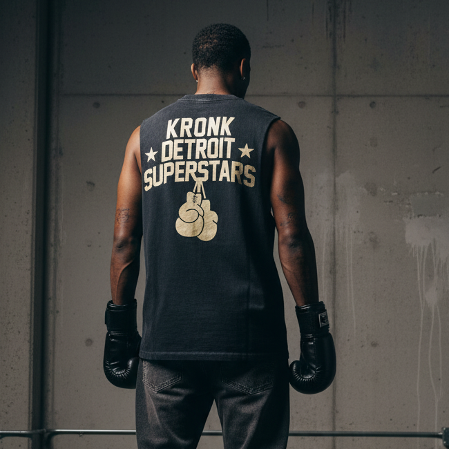 KRONK Detroit Superstars Raw Edge Sleeveless Loose Fit Vintage Wash T Shirt Charcoal