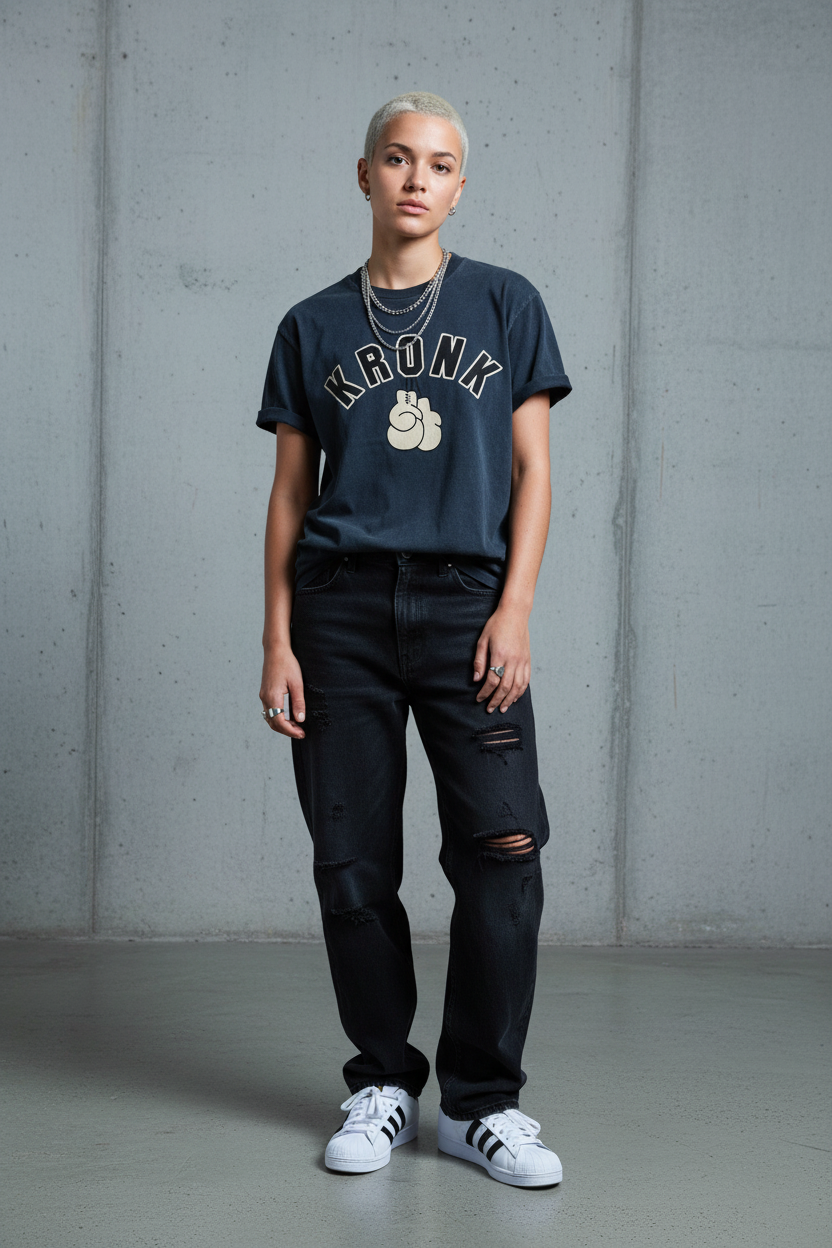 KRONKWOMEN Faded 2 Colour Gloves Loose Fit Vintage Wash T Shirt Charcoal