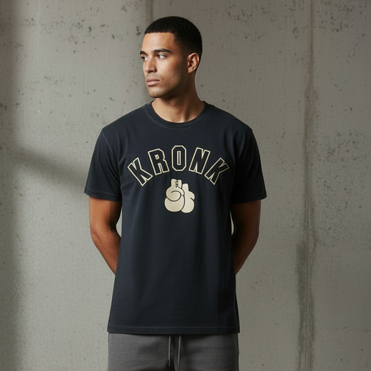 KRONK Faded 2 Colour Gloves Loose Fit Vintage Wash T Shirt Charcoal
