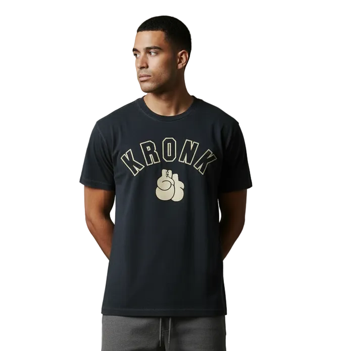 KRONK Faded 2 Colour Gloves Loose Fit Vintage Wash T Shirt Charcoal