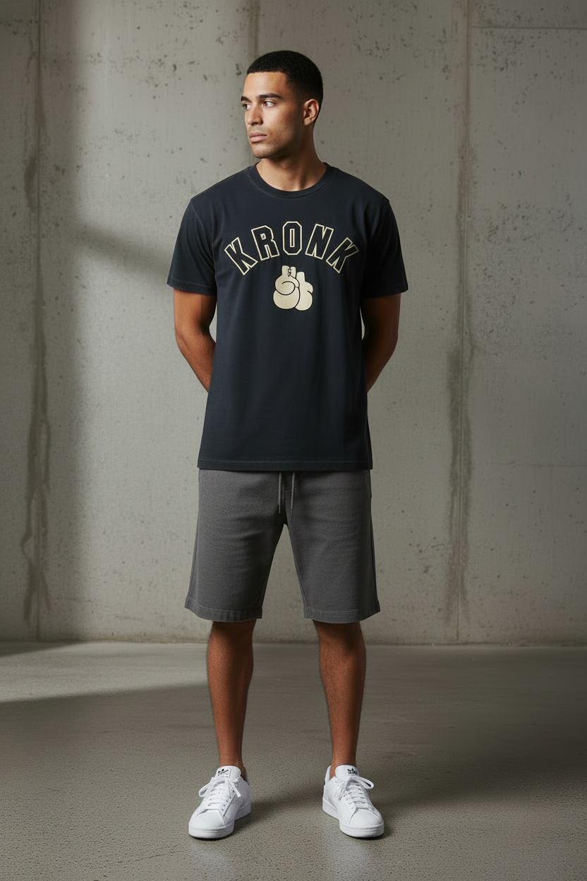 KRONK Faded 2 Colour Gloves Loose Fit Vintage Wash T Shirt Charcoal