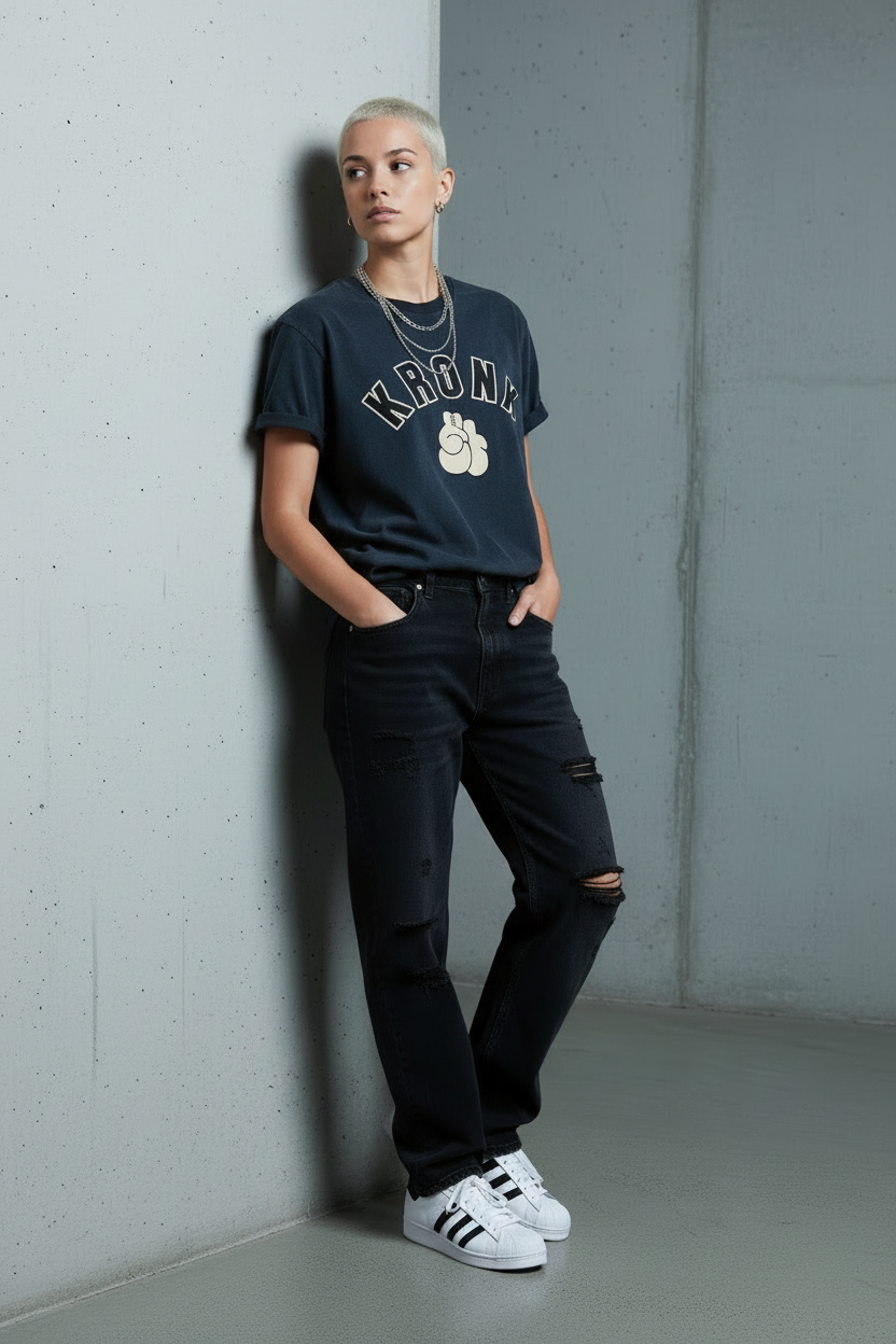 KRONKWOMEN Faded 2 Colour Gloves Loose Fit Vintage Wash T Shirt Charcoal