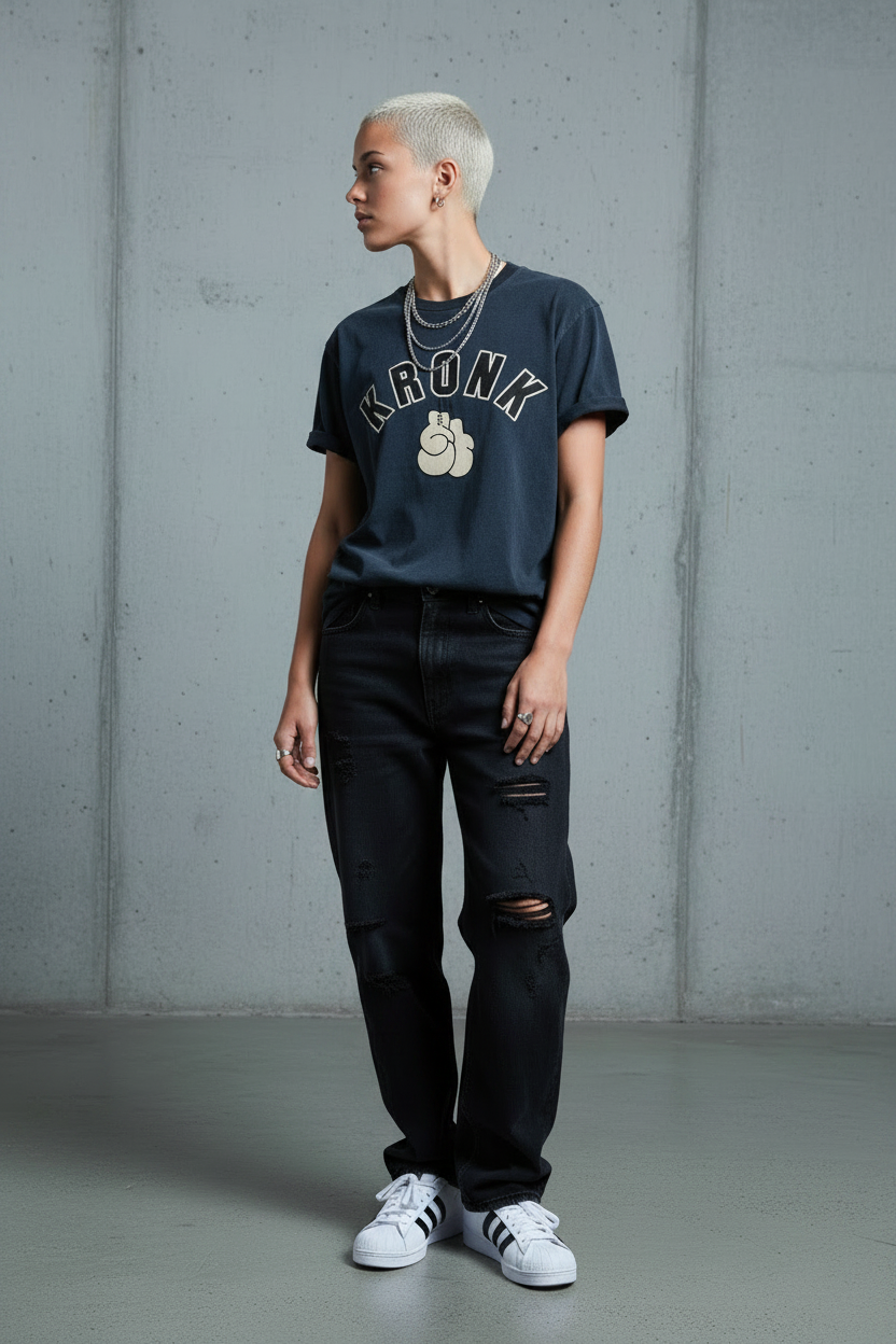 KRONKWOMEN Faded 2 Colour Gloves Loose Fit Vintage Wash T Shirt Charcoal