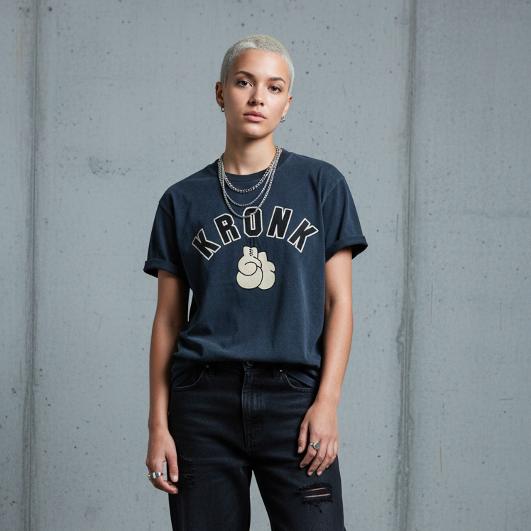 KRONKWOMEN Faded 2 Colour Gloves Loose Fit Vintage Wash T Shirt Charcoal