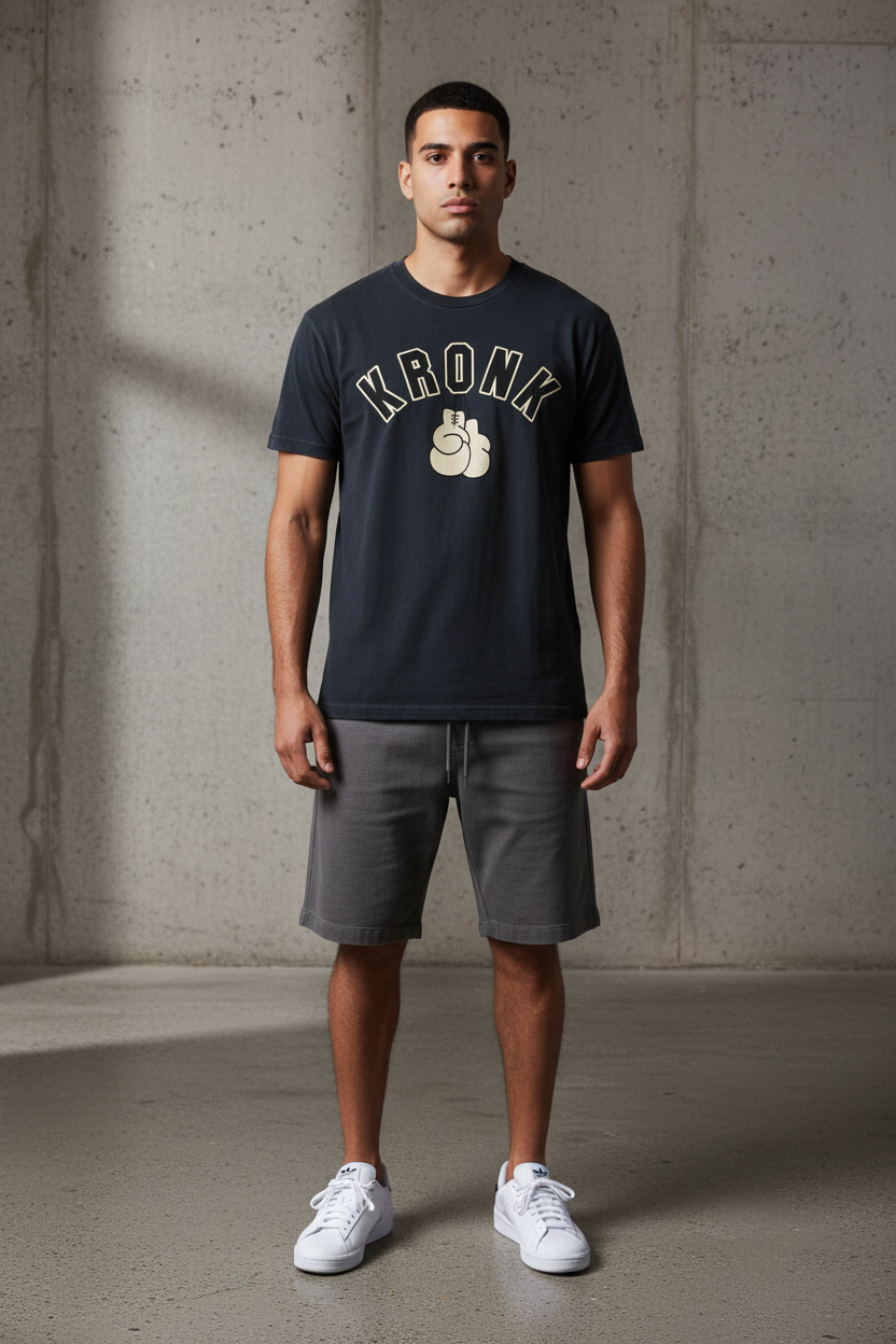 KRONK Faded 2 Colour Gloves Loose Fit Vintage Wash T Shirt Charcoal
