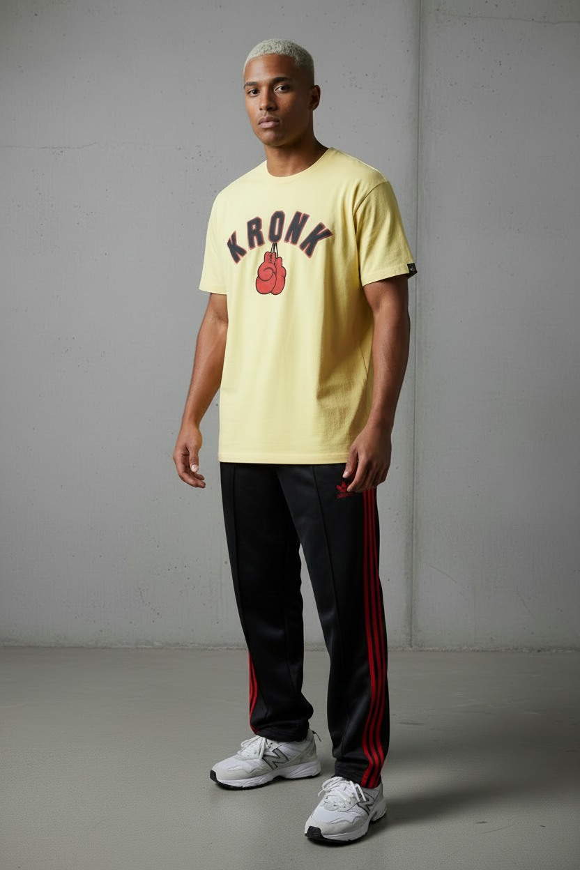 KRONK Faded 2 Colour Gloves Loose Fit Vintage Wash T Shirt Yellow