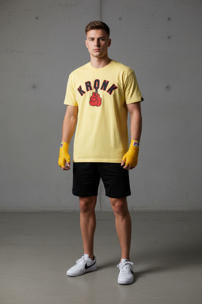 KRONK Faded 2 Colour Gloves Loose Fit Vintage Wash T Shirt Yellow