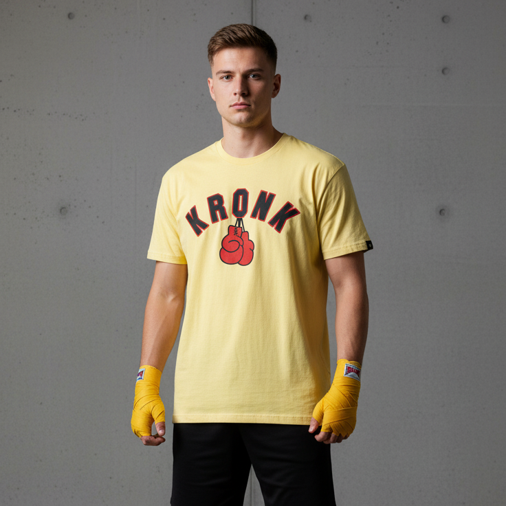 KRONK Faded 2 Colour Gloves Loose Fit Vintage Wash T Shirt Yellow