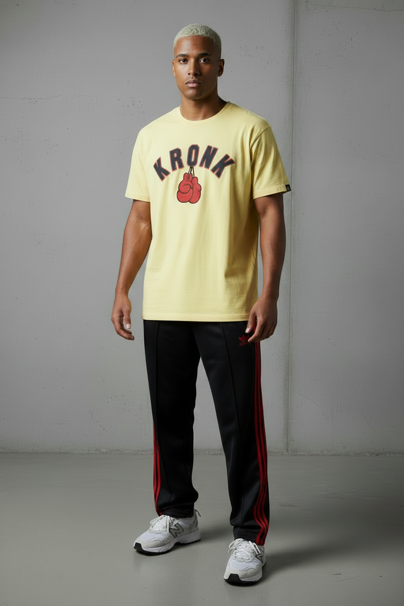 KRONK Faded 2 Colour Gloves Loose Fit Vintage Wash T Shirt Yellow